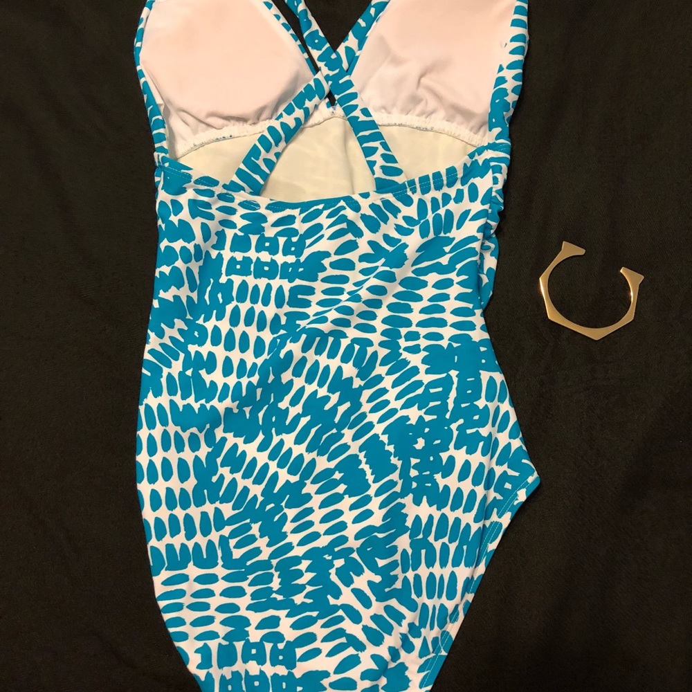White & teal w/ gold detail swimsuit - Picture 2 of 6